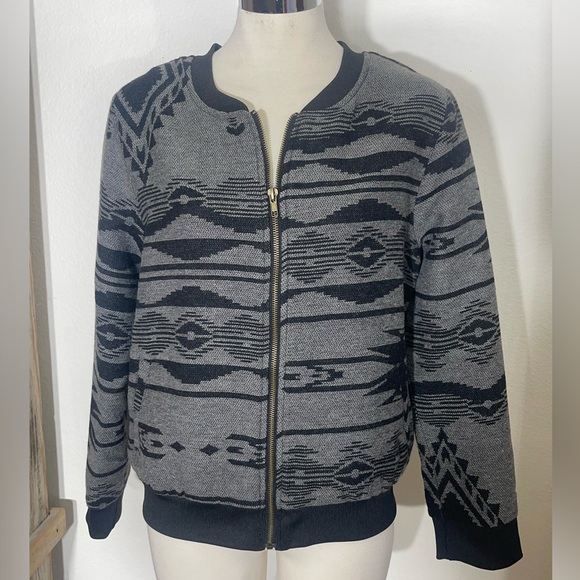 Bentee charcoal and black Aztec tribal pattern bomber jacket new pockets large - Picture 1 of 9